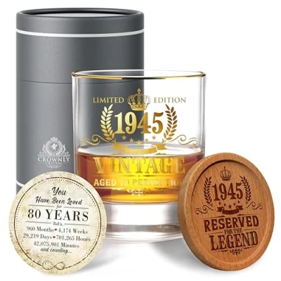 Image of CROWNLY CRYSTAL® 1945 80th Birthday Gifts for Men Personalised Whiskey Glass Decorations Glasses Dads Uncle Him Mens