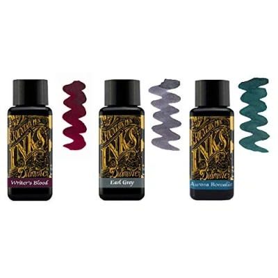 Image of Diamine Fountain Pen Ink 30ml Writer&#039;s Blood, Earl Grey, Aurora Borealis 3 x Bottles