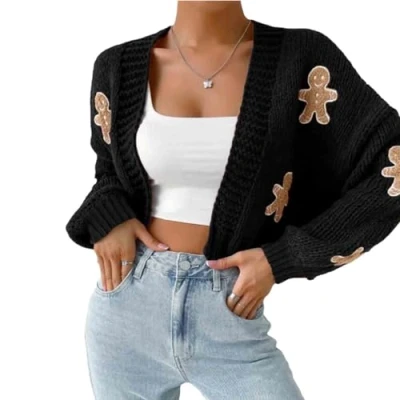 Image of Gingerbread Cardigan, Sweater Women, Christmas Open Front Cropped Cardigan Sweaters(Black,S)