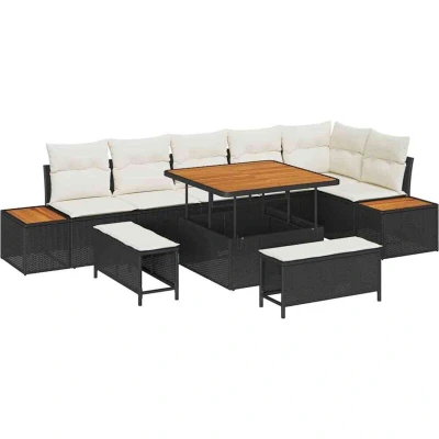 Image of vidaXL 9 Piece Garden Sofa Set with Cushions Black Poly Rattan Acacia