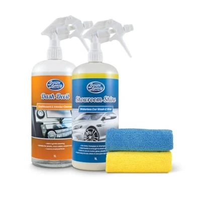 Image of Greased Lightning Bodywork &amp; Interior Twin Pack Showroom Shine 1 Litre Waterless Wash and Wax Dash Devil Cleaner Plus 2 Microfibre Cloths