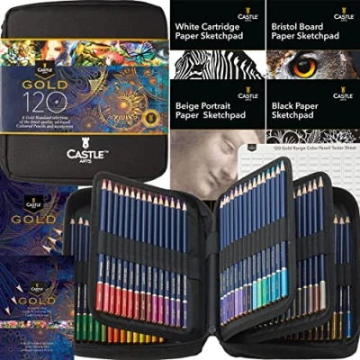 Image of Castle Art Supplies Gold Standard 120 Colouring Pencils Set with Extras Quality Oil based Coloured Cores Stay Sharper, Tougher Against Breakage For Adult Artists, Colourists In Zipper Case