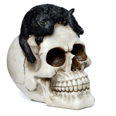 Image of Puckator Skull With Black Cat Ornament Home Decoration Ornaments Resin Accessories Living Room Human Skeleton Goth Gifts For Men