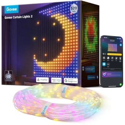 Image of Govee Curtain Lights, Smart LED Lights with DIY GIF, RGBIC Color Chaning Wall for Bedroom Window Backdrop Dynamic Decor, Outdoor IP65 Max Waterproof, 520 LEDs, 5x6.6ft