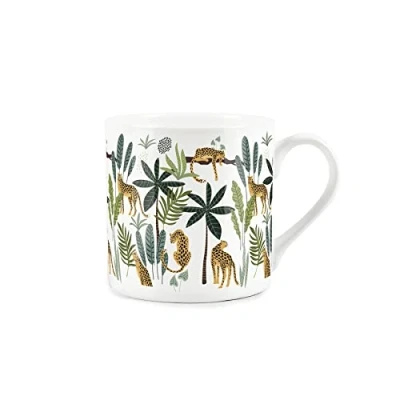 Image of Purely Home Exotic Jungle Leopards with Tropical Trees &amp; Leaves Fine Bone China White Mug Coffee/Tea Present Gift for Animal Lovers
