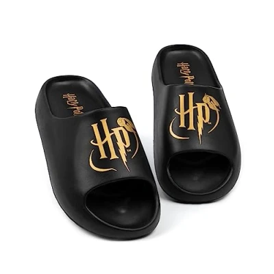 Image of Harry Potter Womens Sliders Black Moulded Sandals for Ladies Golden Snitch HP Logo Beach Shoes Hogwarts Magic Summer Pool Slip on Footwear Movie Merchandise Gift Adults