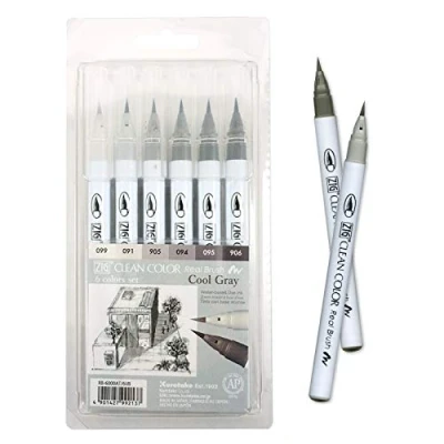 Image of Kuretake ZIG CLEAN COLOR Real Brush 6 colors set, Flexible Pen, Made in Japan (Cool Grey)