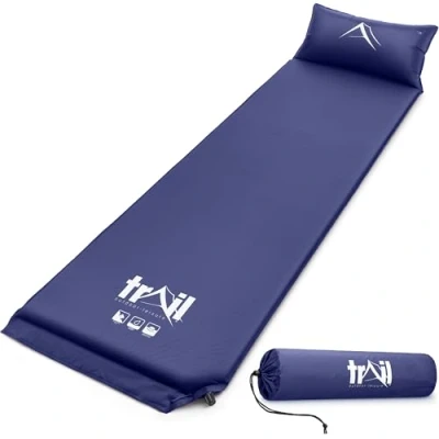 Image of Trail Self Inflating Camping Mat With Pillow 2.5cm Thick Single Sleeping Pad Bag (Blue)