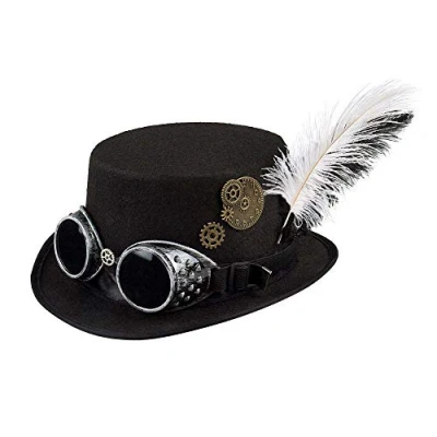 Image of Boland 54502 Specspunk Hat with Glasses and Gears for Women, Black, Accessory, Headwear, Steampunk, 80s, Theme Party, Carnival one size