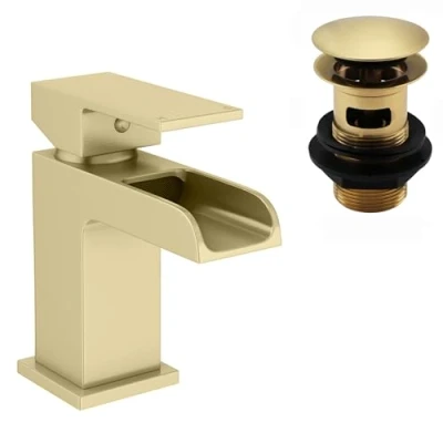 Image of ENKI, Plaza, BBT0266, Brushed Brass Basin Mixer Tap, Square Waterfall Open Spout Design, with Slotted Pop Up Waste