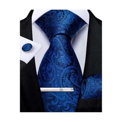 Image of DiBanGu Men&#039;s Necktie Handkerchief Silk Paisley Floral Tie Pocket Square Cufflink Set, 150cm, Royal Blue
