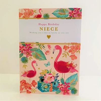 Image of Stunning Artistic Female Birthday Card from The Thoughts of You Range Niece Watercolour Flamingos and Flowers with a Pretty Foil Finish Greeting for Her (WW K291)