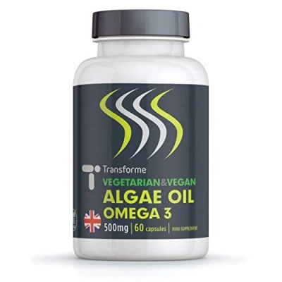 Image of Transforme Vegan Omega 3 Algae Oil with Vitamin E, 60 Rapid Absorption Capsules, Marine Algal DHA, Easy to Swallow Softgels, Vegetarian Fish Free Essential Fatty Acids