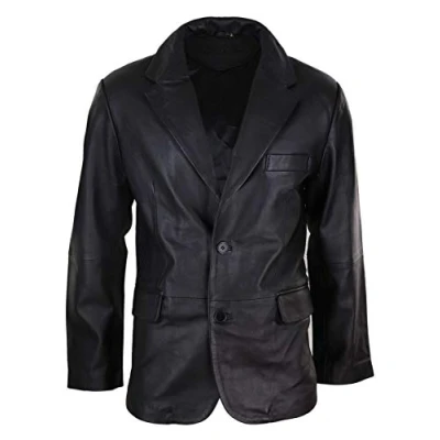 Image of Mens Regular Fit Classic Genuine Leather 2 Button Blazer Jacket Vintage Black L