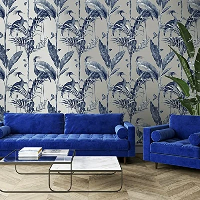 Image of SOPHIE LAURENCE Azzura Tropical Leaf Bird Wallpaper Floral Metallic for Living Room Bedroom Navy Silver