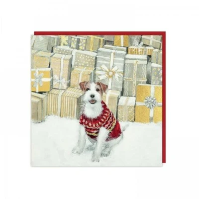 Image of Charity Christmas Cards Jack Russell Terrier in a Jumper with Foil Details Eco Friendly Pack of 6 By Art Beat