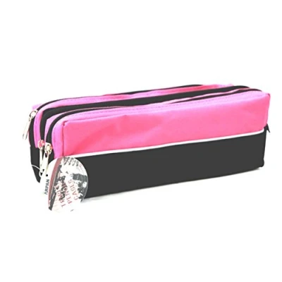 Image of ARPAN Triple Zip Rectangular Large Fabric Pencil Case School Make Up (Pink)