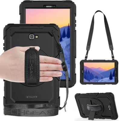 Image of TECHGEAR UTILITY Case fits Samsung Galaxy Tab A 10.1&quot; (SM T580 Series) Tough Rugged HEAVY DUTY Armour Shockproof Protect 360 Degree Rotating Stand, Hand Strap and Shoulder Black