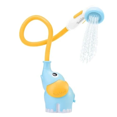 Image of Yookidoo Baby Bath Shower Head Elephant Water Pump with Trunk Spout Rinser Control Flow from 2 Knobs in Tub or Sink for Infants and Newborn Babies (Blue Orange)