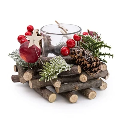 Image of Christmas Tealight Candle Holder Berry &amp; Pinecone Table Centrepiece Decorations Wreath Tea Light For Dining