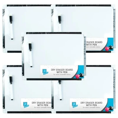 Image of x5 Mini Whiteboards GENERISE Dry Wipe Magnetic A4 Small with Marker Pen, Eraser &amp; x2 Magnets (30cm x 22cm) Portable Notice Memo Board for Kitchen Wall, Kids etc