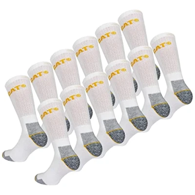 Image of Caterpillar 12 Pairs Men&#039;s Work Socks Accident Prevention Reinforced Heel and Toe Cotton Sponge (White, 11 14)