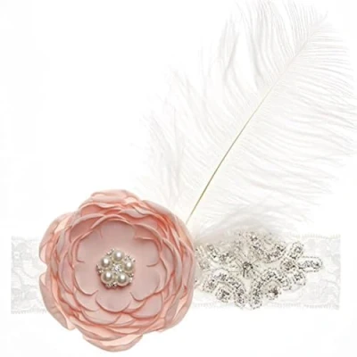 Image of Nishine Baby Girls Rhinestone Flower Lace Headband Elastic Infant Headbands Newborn Hair Bands (Peach)