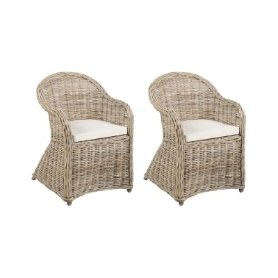 Image of Set of 2 Indoor Natural Rattan Wicker Chairs with Light Beige Cushions Susua II