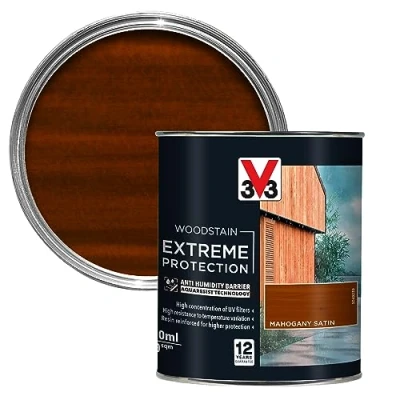 Image of V33 Extreme Protection Woodstain Mahogany 750ml 12 Year Guarantee Anti Humidity Barrier with UV Filters Resistant to Temperature Variations Reinforced Resin Formula Only 2 Coats Needed
