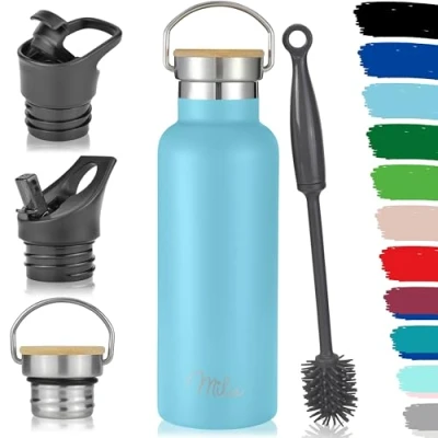 Image of Milu Stainless Steel Drinking Bottle 350ml, 500ml, 750ml, 1l (+3 Lids) Thermo with Straw, Water Bottle, for Hot, Cold &amp; Carbonated Drinks (Sky Blue, 500ml)