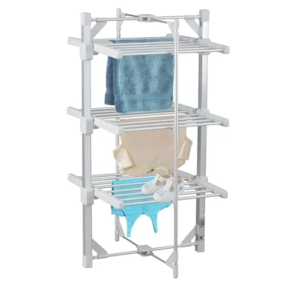 Image of Taylor &amp; Brown 3 Tier Heated Clothes Airer Deluxe Folding Aluminium Drying Rack Electric Laundry Horse 220W Energy Efficient 24 Rails, 111cm