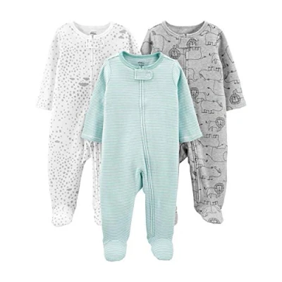 Image of Simple Joys by Carter&#039;s Baby 3 Pack Neutral Sleep and Play Toddler Sleepers, Green Stripes/Grey Lion/White Stars, 6 9 Months (Pack of 3)