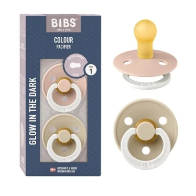 Image of BIBS Boheme Glow in The Dark Soother 2 Pack. BPA Free. Round Nipple Latex, Size 1 (0 6 Months), Blush Glow/Vanilla