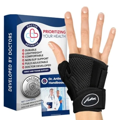 Image of Doctor Developed Thumb Support/Finger Splint for Arthritis, Right or Left Hand, Wrist Support &amp; Spica and with Written Handbook (Black, Single)