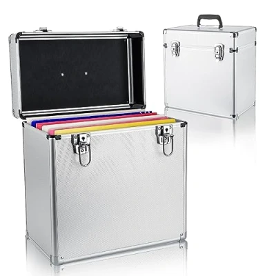 Image of Youyijia Record Storage Box 12&quot; Vinyl LP Case Aluminum Portable Lockable DJ Flight Carry Holds 50pcs Albums (Silver)
