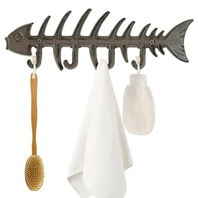 Image of Woodside Decorative Fish Bones Wall Mounted Towel Rack, Cast Iron Rustic Coat Hanger, Fixings Included, Dark Brown Finish