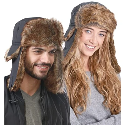 Image of Tough Headwear Winter Trapper Hat Russian Ushanka Trooper Aviator Hats for Men &amp; Women Snow Eskimo with Ear Flaps Slate Grey
