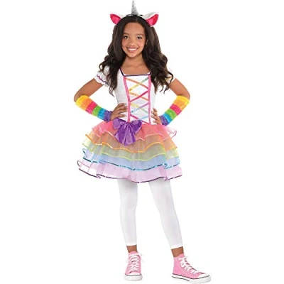 Image of amscan 842746 55 Kids Unicorn Rainbow Dress with Headband &amp; Arm Warmers Girls Fancy Costume Age: 4 6 Years