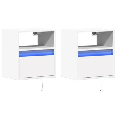 Image of vidaXL Wall mounted Bedside Cabinets with RGB LED Lights Set of 2 Nightstands Storage Drawers &amp; Compartments White Engineered Wood 41x31x45 cm
