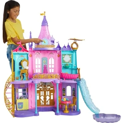 Image of Mattel Disney Princess Magical Adventures Castle, 3 Levels with 10 Play Areas and 25 Doll Accessories Including Lights, Sounds, Magic Carpet, Slide, Pool, Toys for Ages Up, Playset, HLW29