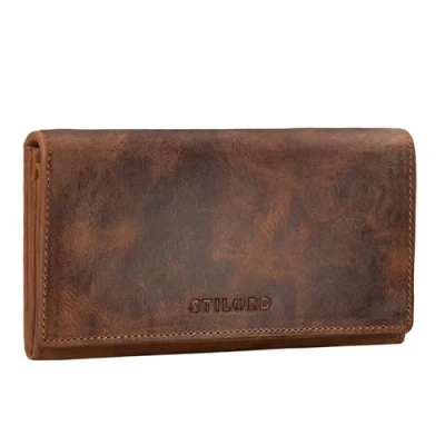 Image of STILORD &#039;Marquesa&#039; Leather Wallet Womens RFID Blocking NFC Purse Ladies Vintage Large Horizontal with Readout Protection in Gift Box Real Leather, Colour:aneto Brown