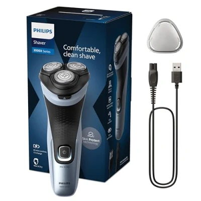 Image of Philips Electric Shaver Series 3000X Wet &amp; Dry for Men in Celestial Blue, with SkinProtect Technology, Pop up Beard Trimmer, Ergonomic Men&#039;s (Model X3053/00)