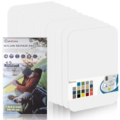 Image of Nylon Repair Patches 20x10 cm 12 pcs Tape Fabric Patch Self Adhesive Outdoor Camping Gear Kit for Tent, Umbrella, Down Jackets, Sleeping Bag, Knapsack （White）