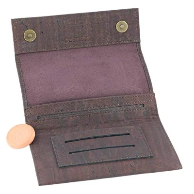 Image of Tobacco Pouch Cork Vegan Magnetic Buttons Separate Double Papers &amp; Filters Compartment Handmade Cigarette Case Rolling Bag (Dark Brown)