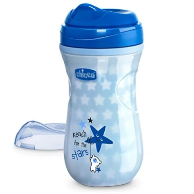 Image of Chicco Glow in The Dark Double Wall Insulated Sippy Cup with Bite Proof Rim Spout and Spill Free Lid 9oz. Top Rack Dishwasher Safe Easy to Hold Ergonomic Indents Blue 12+ Months