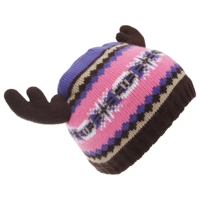 Image of Floso® Childrens/Kids Fairisle Moose Winter Beanie Hat with Antlers (One Size) (Pink/Purple)