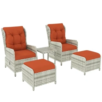 Image of Outsunny 5 Pieces Rattan Bistro Set with Adjustable Back, Reclining Wicker Balcony Furniture Cushions, Glass Top Coffee Table and Footstools, Outdoor Chairs, Orange