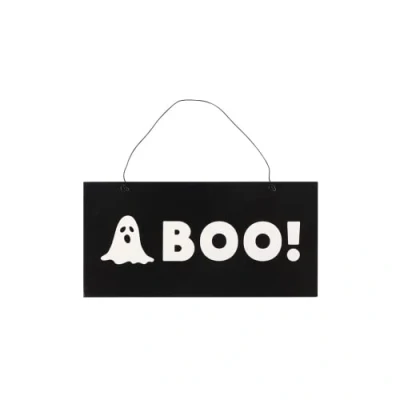 Image of Creepy Black &amp; White MDF Boo Ghost Hanging Sign 10cm x 20cm (1 Pc.) Spooky Decor, Premium Quality Outdoor Accent Perfect for Halloween