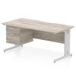 Image of Impulse 1600 x 800mm Scalloped Edge Office Desk Grey Oak Top Silver Cable Managed Leg Workstation 1 2 Drawer Fixed Pedestal