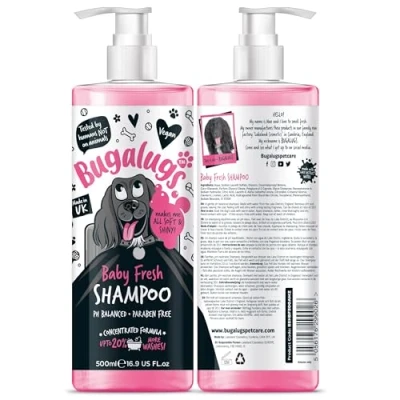 Image of BUGALUGS baby Fresh dog shampoo 500ml grooming products for smelly dogs with powder scent, Vegan, best pet puppy conditioner professional (1x500ml)